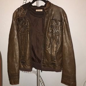Brown leather material jacket with detachable hood